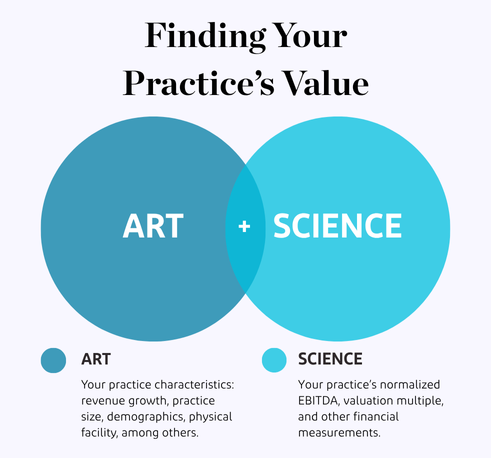 Diagram showing how veterinary practice valuations combine qualitative factors (“art”) with financial formulas (“science”).